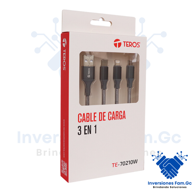 CABLE USB TEROS TE-70210W TIPO A - TIPO C LIGHTNING MICRO USB 3.5A 17.5W MAX GRIS TE-70210W