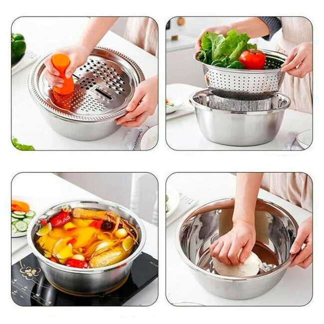 RAYADOR,COLADOR Y BOL DE ACERO 3 PCS🥗