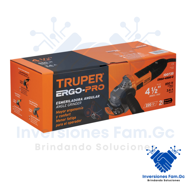 AMOLADORA ERGO PRO 4-1/2" DE 850 W, 220 V, TRUPER