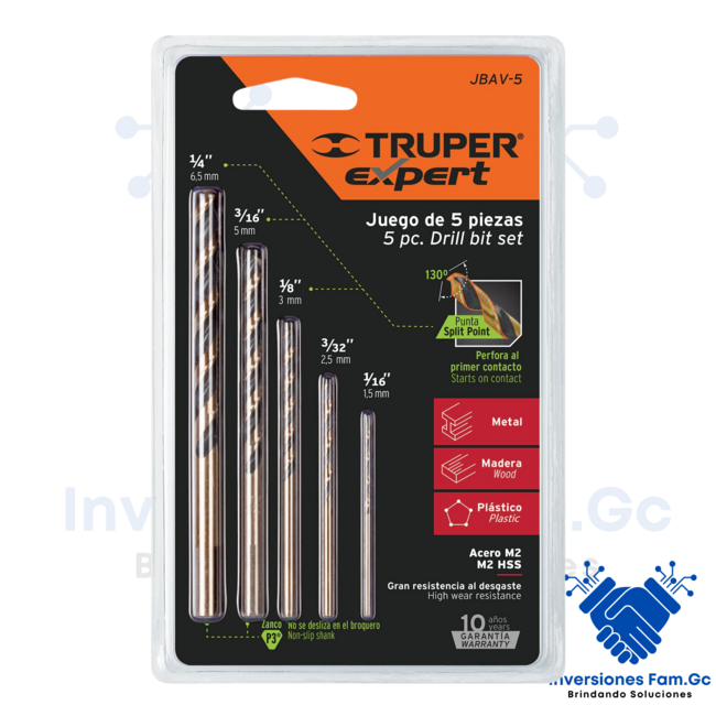 JUEGO DE 5 BROCAS HSS PARA METAL TRUPER EXPERT