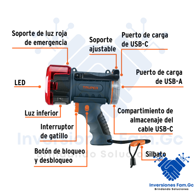 LINTERNA REFLECTORA LED 2000 LM, RECARGABLE, TRUPER