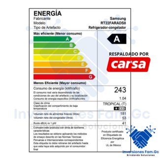 REFRIGERADORA SAMSUNG 234L RT22FARADS8 PLATA