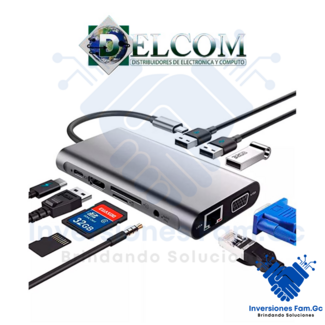 ADAPTADOR HUB CONVERTIDOR DE USB TIPO C A 11 EN UNO, HDMI, VGA, USB 3.0, LAN RJ45