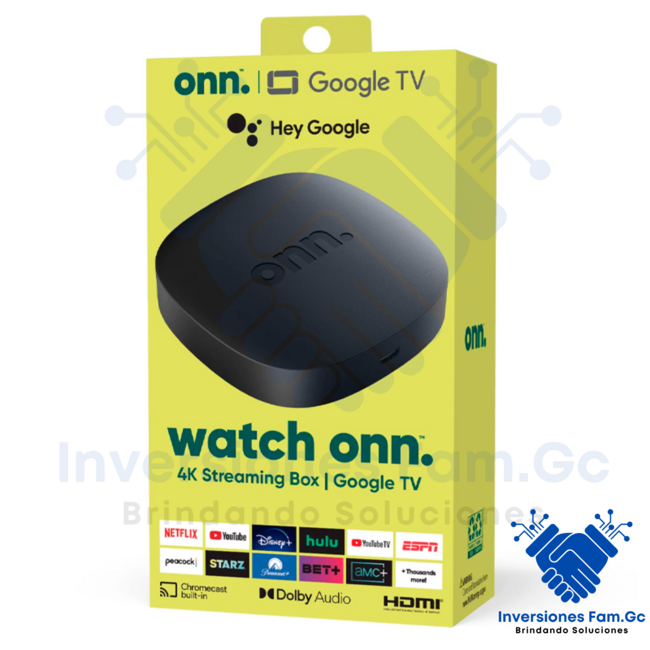 ONN. GOOGLE TV 4K STREAMING BOX (2023), 4K UHD, CON CHROMECAST INTEGRADO, DOLBY AUDIO.