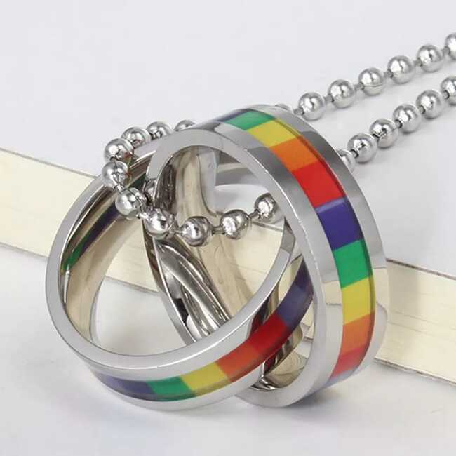 COLLAR COLGANTE INOX 02 ANILLOS ARCOIRIS