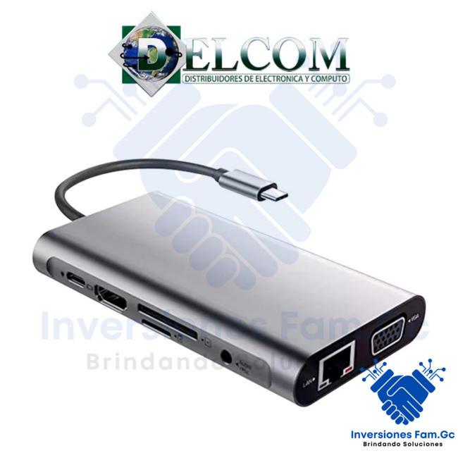 ADAPTADOR HUB CONVERTIDOR DE USB TIPO C A 11 EN UNO, HDMI, VGA, USB 3.0, LAN RJ45